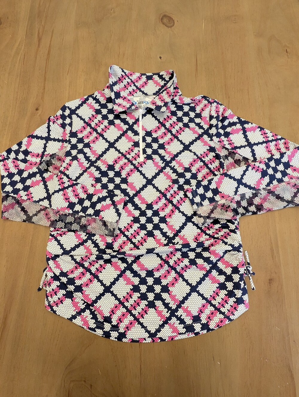 IBKUL Sonkia Print Rouched Tie Sides L/S Mesh Sleeve Quarter-zip Women's Size L